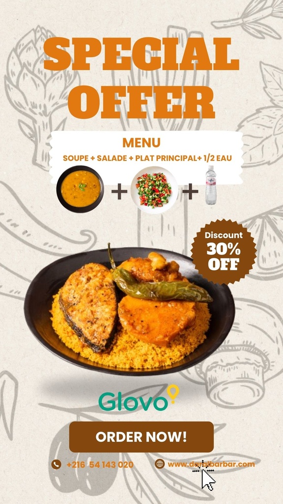 pack promo : menu : soupe harira+salade tunisienne +couscous au poisson + 1/2 eau