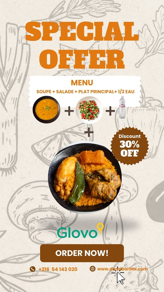 PACK PROMO  : menu soupe harira + salade tunisienne+couscous osbane poulet + 1/2 eau